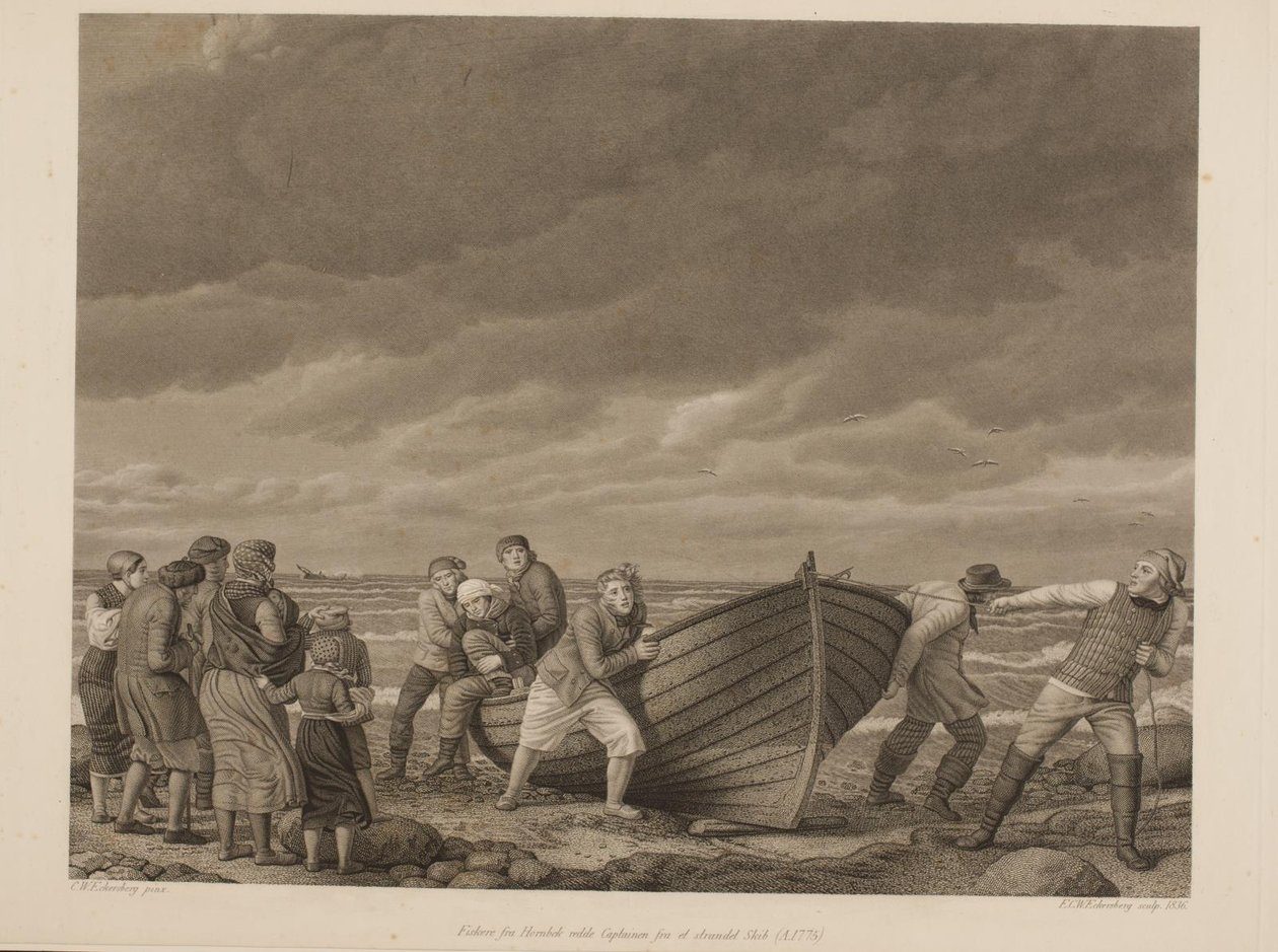Fiskere fra Hornbek redde Captainen fra et strandet Skib (A.1775) af Erling Eckersberg