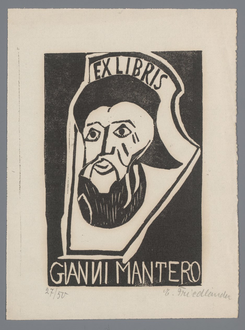 Ex libris af Gianni Mantero af Erna Levy Friedländer (signed by artist)