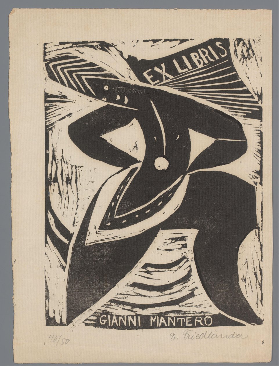Ex libris af Gianni Mantero af Erna Levy Friedländer (signed by artist)