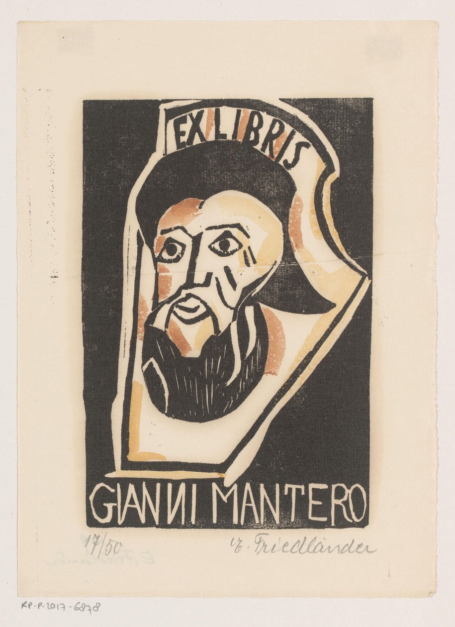 Ex libris af Gianni Mantero af Erna Levy Friedländer (signed by artist)