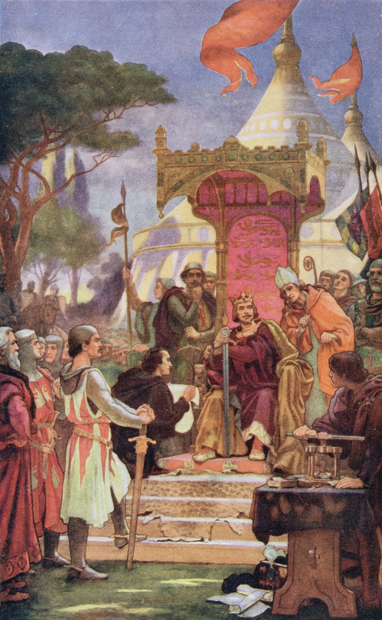 Kong John (1167-1216) ved underskrivelsen af Magna Carta, 15. juni 1215, illustration fra 