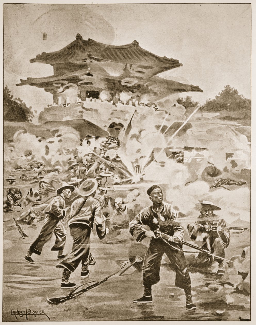 Den kinesisk-japanske krig, Slaget ved Ping Yang: en kamp om de afsidesliggende forter, illustration fra 