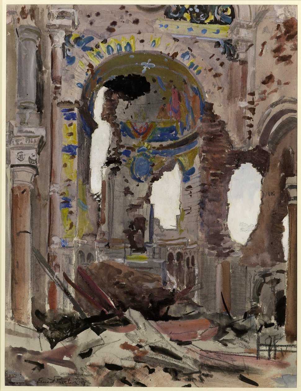 Udbombet interiør af Albert Church, 1918 (wc på papir) af Ernest Procter