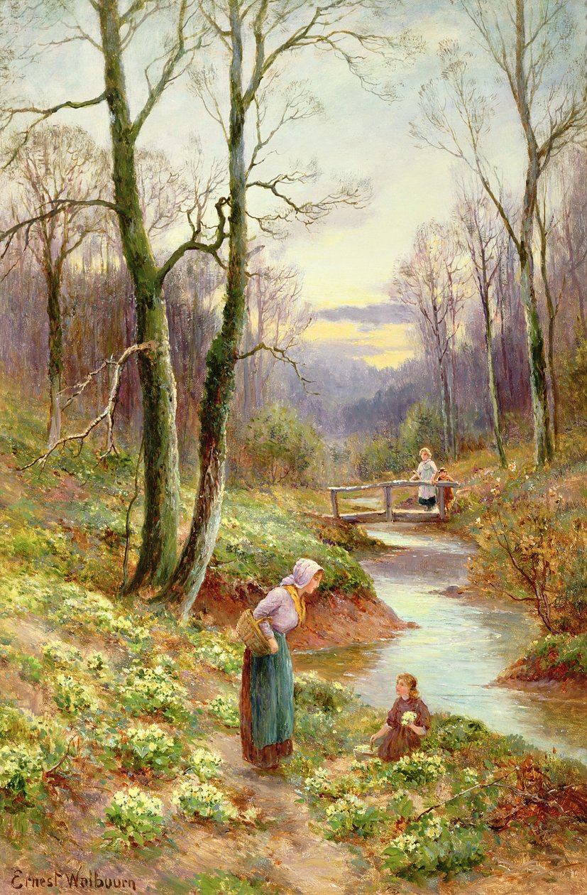 Plukning af primulaer ved åen af Ernest Walbourn