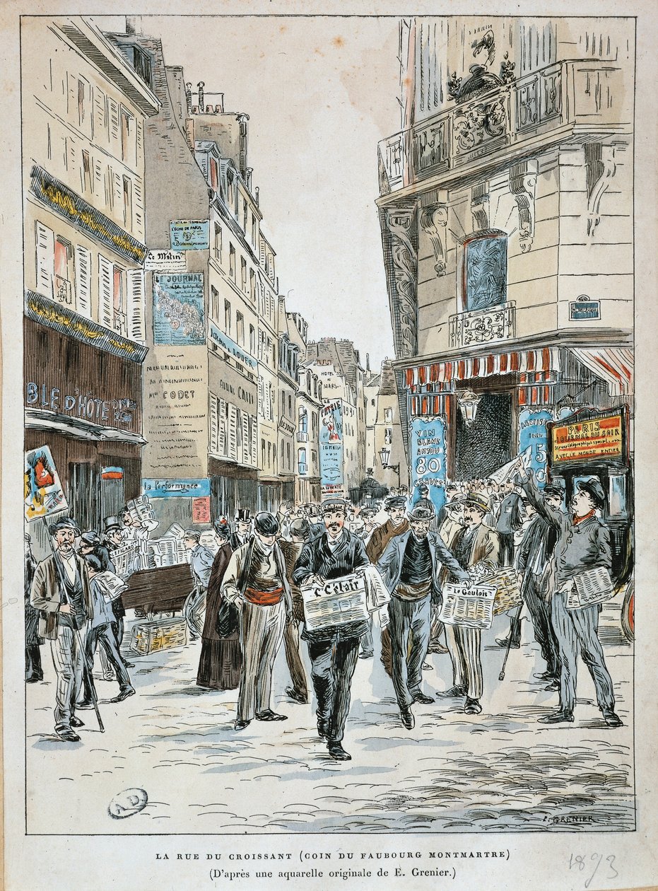 Frankrig, Paris, avisforhandler i rue du Croissant på hjørnet af rue du Faubourg Montmartre i Paris af Ernest Grenier, tryk fra akvarel af Ernest (after) Grenier