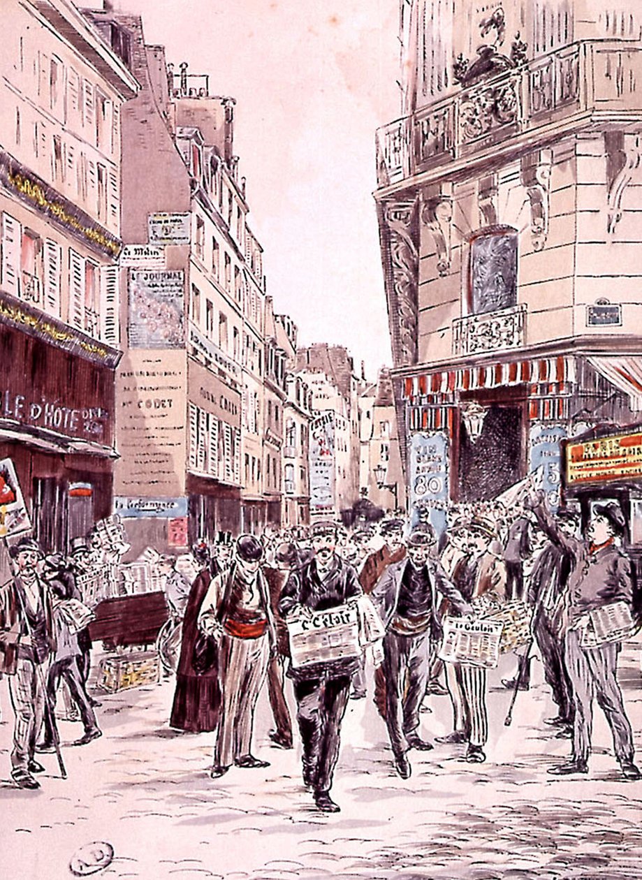 nyhedsleverandører i gaderne i Paris i 1893, gravering af Ernest (after) Grenier