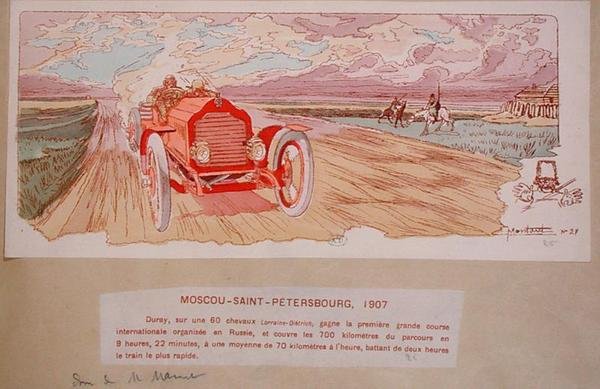 Arthur Duray i hans Lorraine-Dietrich vandt Moskva-St.Petersburg-rallyet i 1907, ca. 1910 (farve litho) af Ernest (after) Montaut