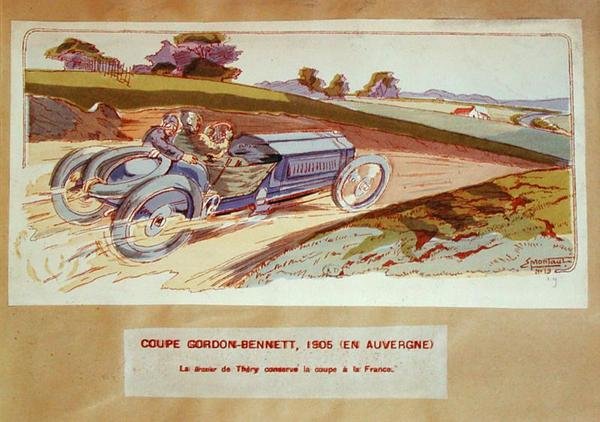 Richard-Brasier-bilen kørt af Leon Thery under Gordon-Bennett-løbet i Auvergne i 1905, ca. 1910 (farve litho) af Ernest (after) Montaut