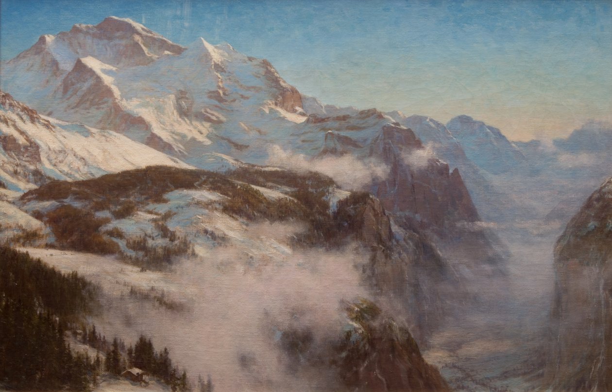 Vinter i Lauterbrunnen-dalen, Schweiz (olie på lærred) af Ernest Albert Waterlow