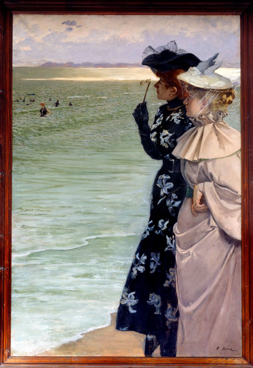 Smuk periode: “” Badetid ved havet””” To kvinder på kysten undersøgte de badende i kikkert. Maleri af Ernest Ange Duez (1843-1896) 1896 søn. 1,06x1,6 m Rouen, musee des Beaux Arts - Belle epoque: "" Badetid ved havet"" To kvinder på b af Ernest Ange Duez