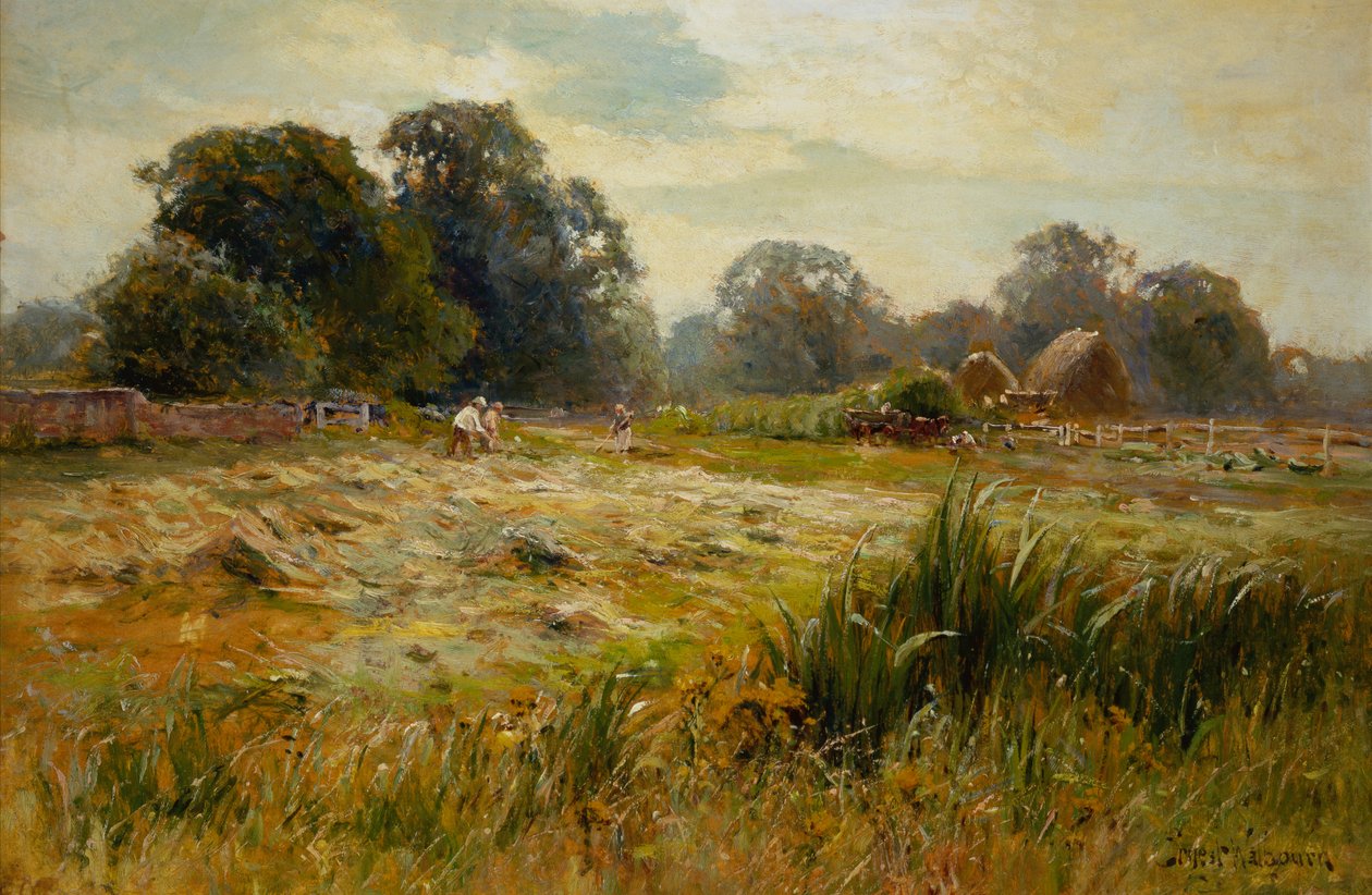 Turning the Hay, nær Epping, Essex (olie om bord) af Ernest C. Walbourne