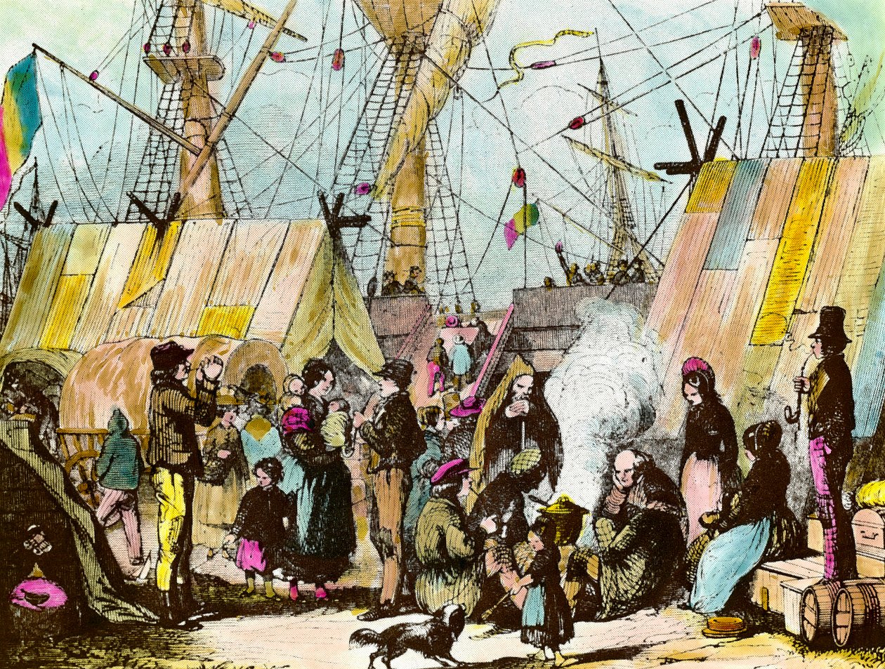 Familier af emigranter slog lejr ved havnen i Le Havre. Gravering af Ernest Charton (1813-1905) Gravering af det 19. århundredes privatsamling af Ernest Charton