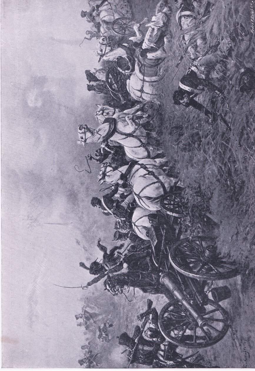 Tilfangetagelse af det franske batteri af det 52. Oxfordshire Light Infantry Regiment ved Waterloo 18. juni 1815, illustration fra britiske slag på land og hav, 1915 af Ernest Crofts