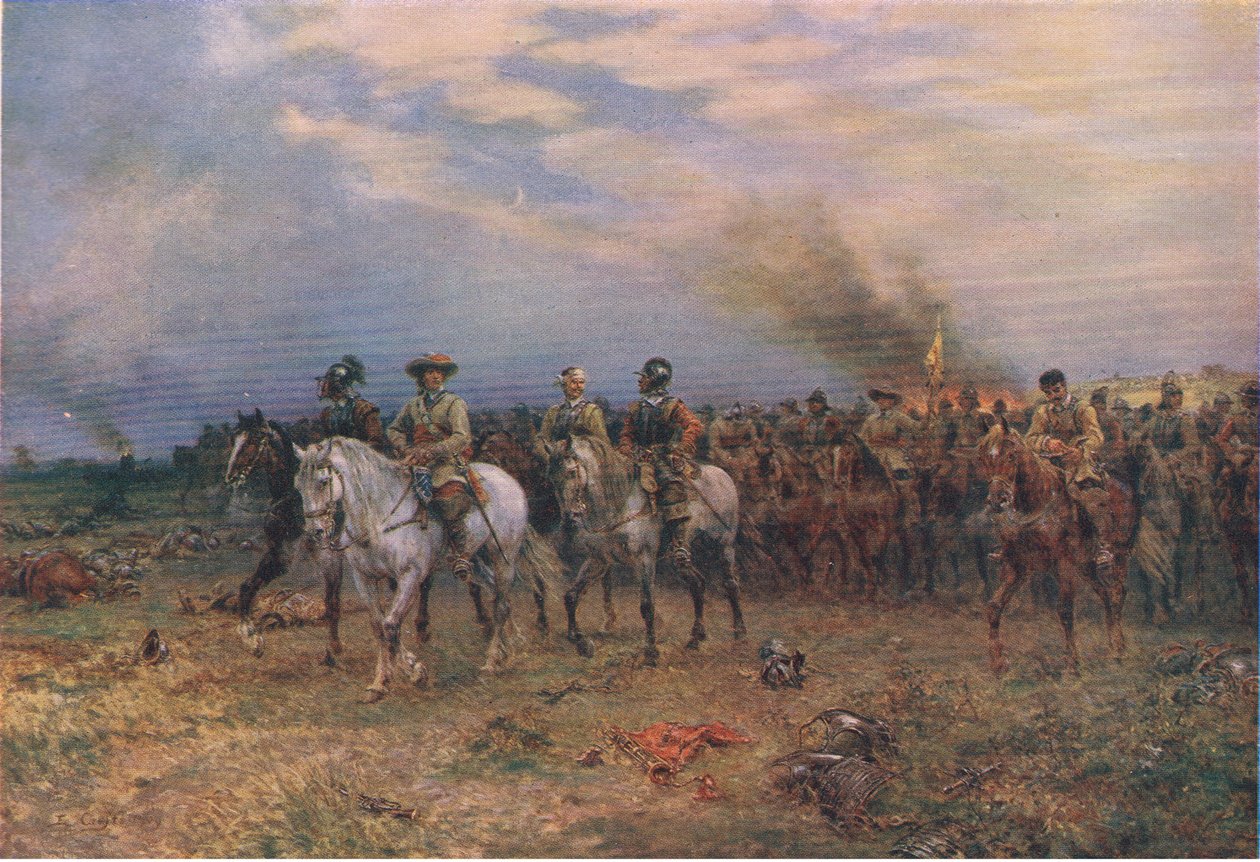 Cromwell ved Marston Moor, illustration fra The History of the British People udgivet af Waverley, ca. 1940 (farve litho) af Ernest Crofts