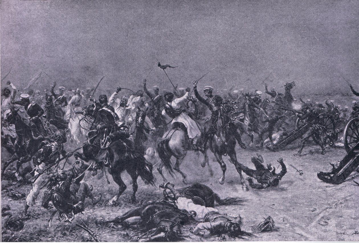 Anklagen om Kings Own Light Dragoons ved Mudki, illustration fra British Battles on Land and Sea, 1915 af Ernest Crofts
