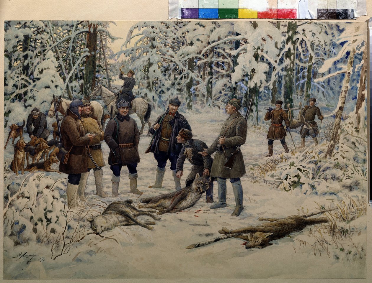 Efter en vellykket jagt. Grupper af jægere samler vildt (ulve) efter signal fra en rytter, der blæser i et horn. Maleri af Ernest Ernestovich Lissner (1874-1941), olie på lærred af Ernest Ernestovich Lissner