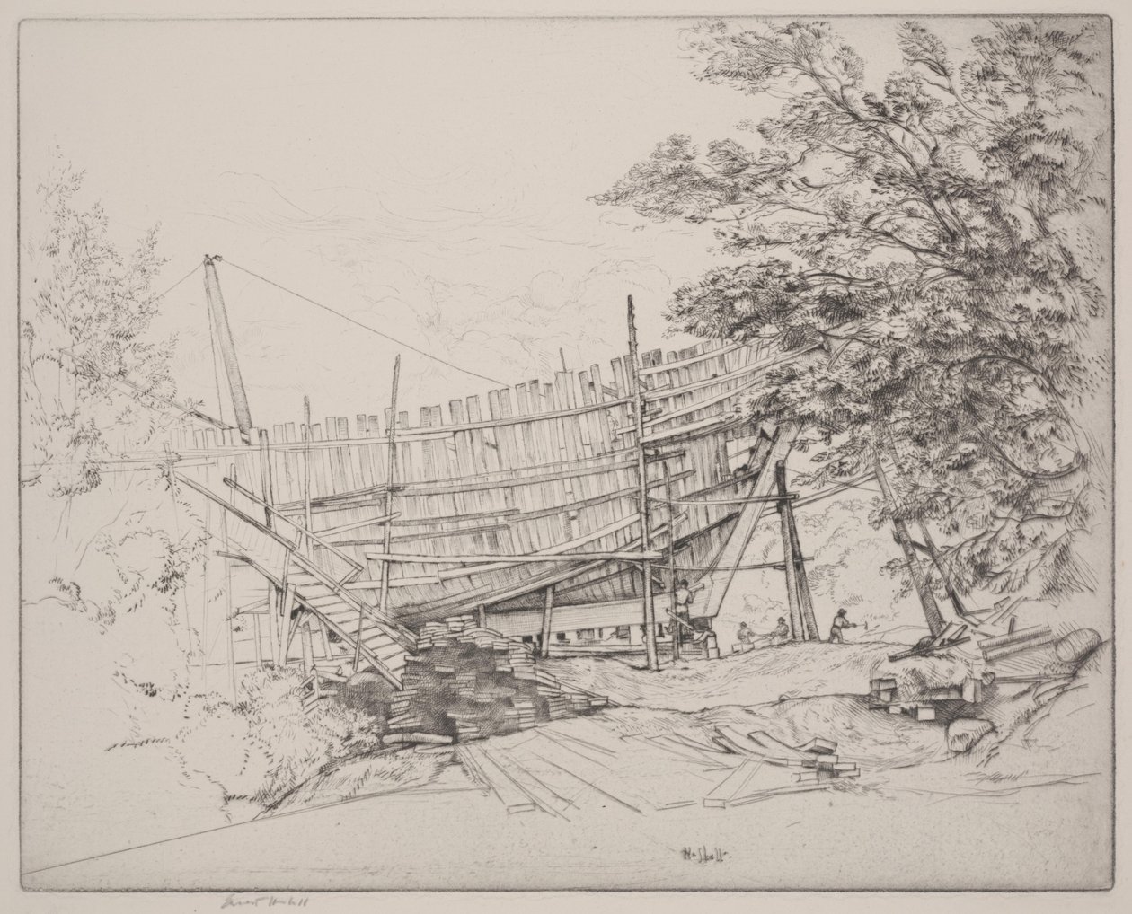 Skibsbygning (drypoint) af Ernest Haskell