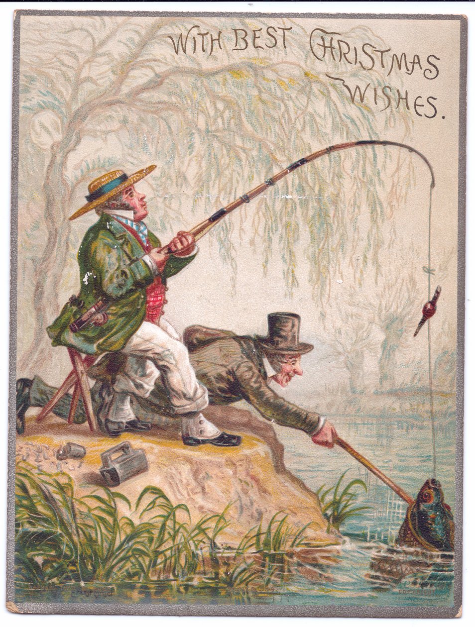 Et victoriansk julekort af to mænd, der fisker ved floden, ca. 1880 af Ernest Henry Griset