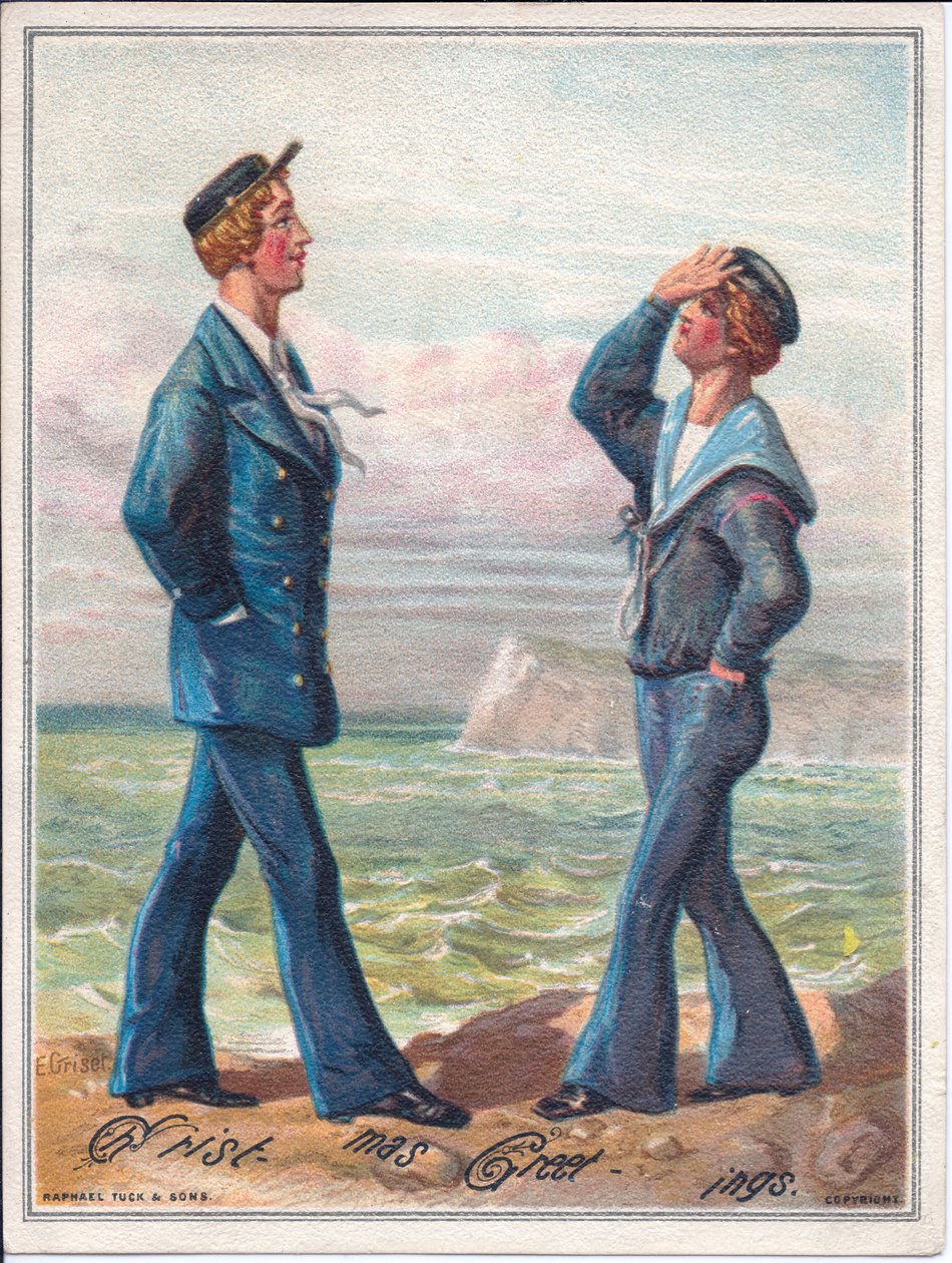 Et victoriansk julekort med to sømænd, der går ved havet, ca. 1880 af Ernest Henry Griset