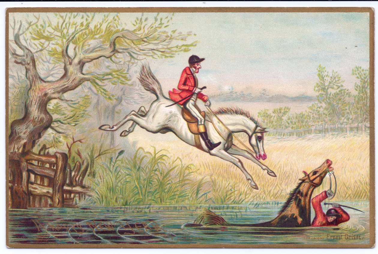 Et victoriansk nytårskort af en rævejagt med en jæger og hans hest faldende i floden, ca. 1880 af Ernest Henry Griset