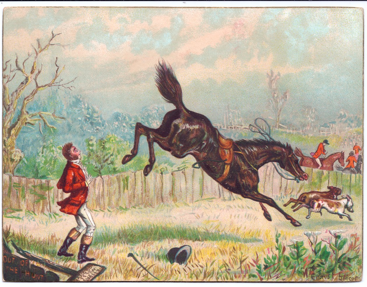 Et victoriansk lykønskningskort af en rævejagt med en enlig hest, der galopperer væk og efterlader jægeren strandet, ca. 1880 af Ernest Henry Griset