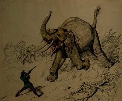Elephant Shoot (pen & blæk, akvarel på papir) af Ernest Henry Griset