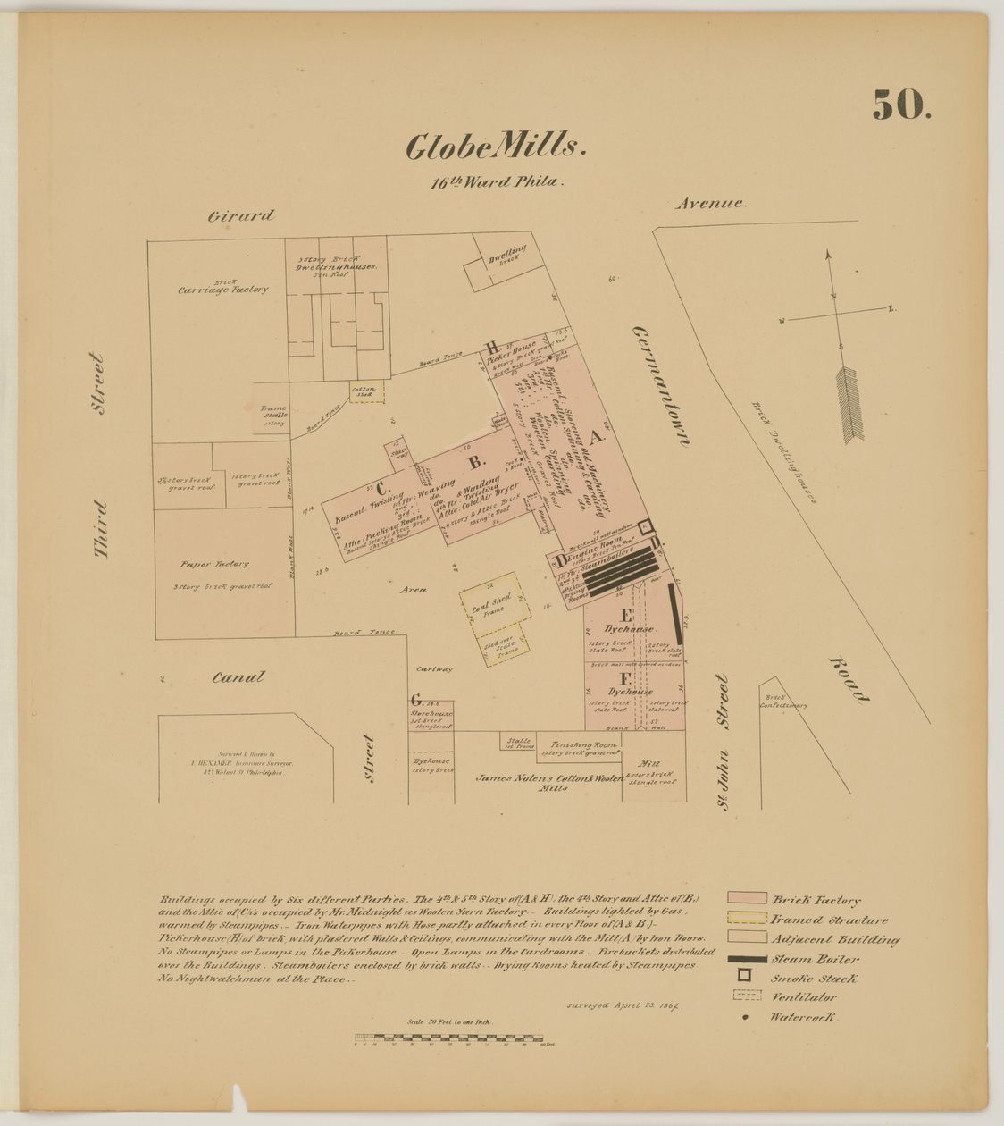 Girard Ave, Germantown Rd, 3rd St og Canal Street, Hexamer General Surveys, 1867 af Ernest Hexamer