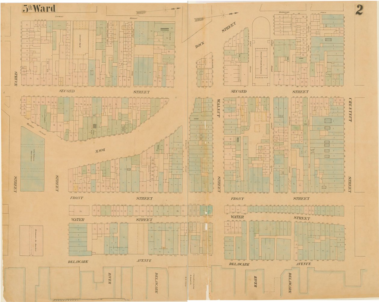 Maps of the City of Philadelphia, bind 1, plade 2, 1860 (håndkoloreret gravering) af Ernest Hexamer