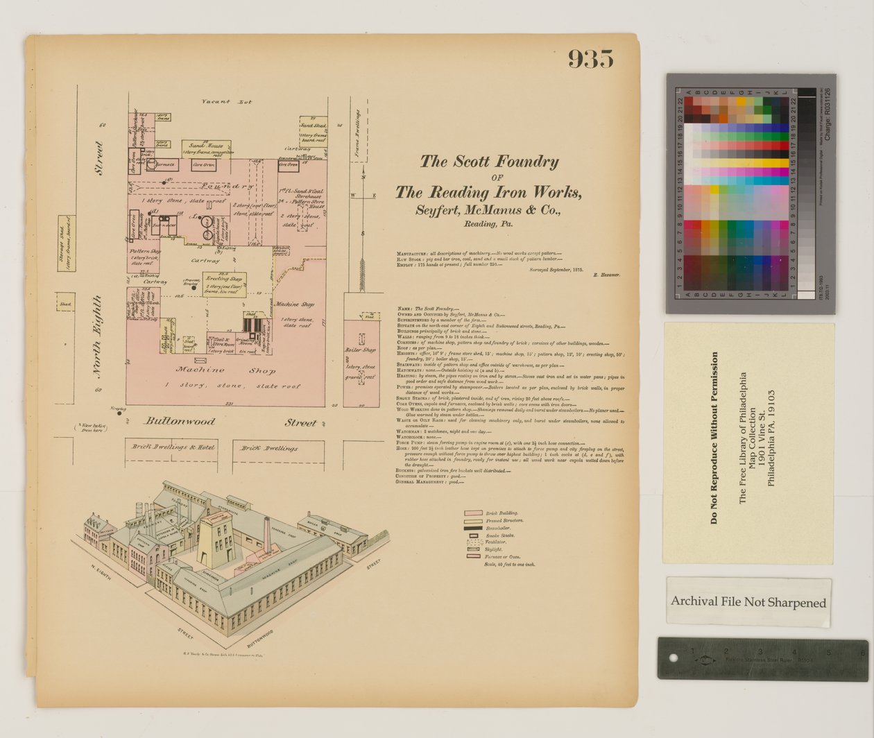 Plan for Reading Iron Works, Scott Foundry, Pennsylvania, september 1875 af Ernest Hexamer