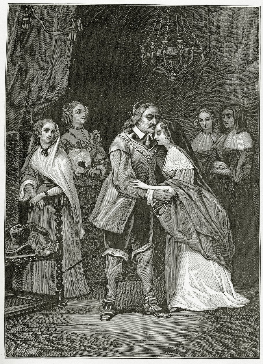 Cromwell og hans døtre, 1800-tallet (bw-gravering) af Ernest Hillemacher