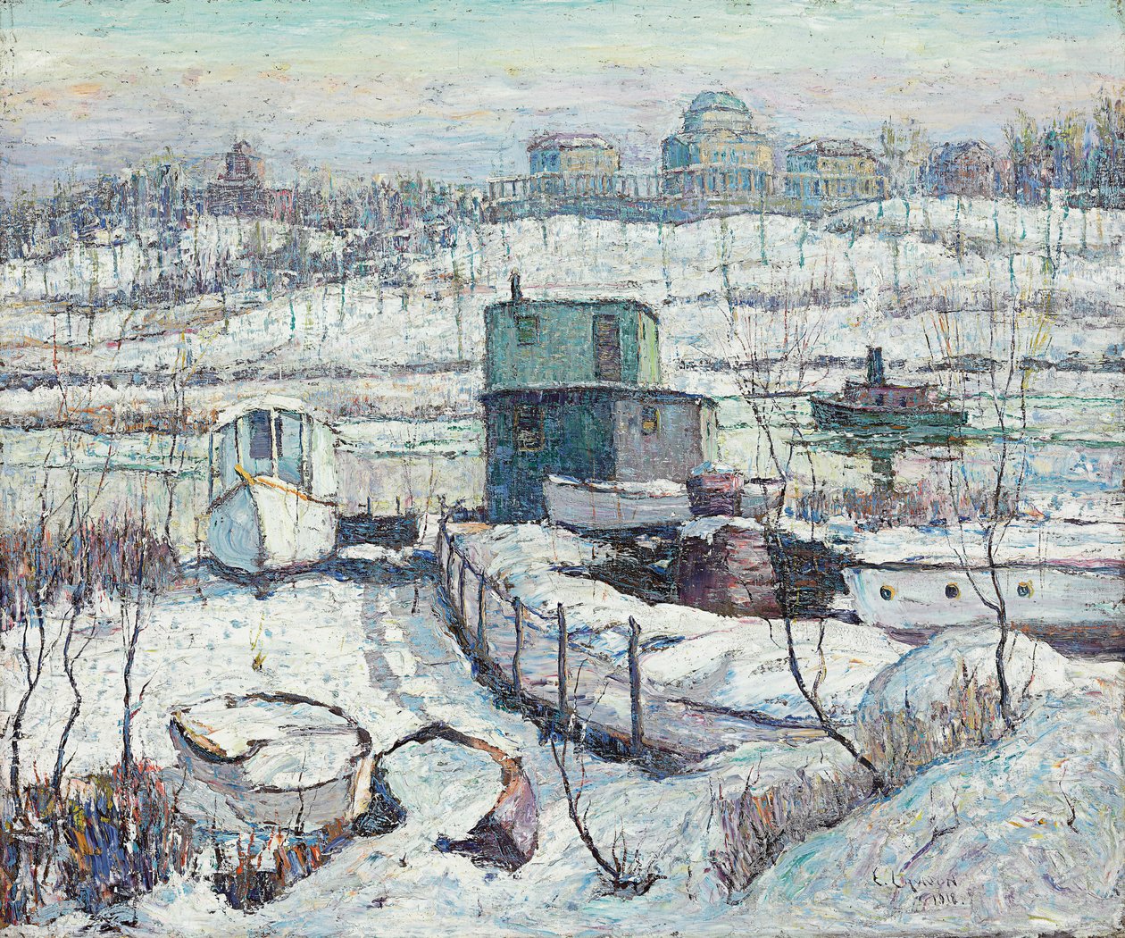 Bådehus, Winter, Harlem River af Ernest Lawson