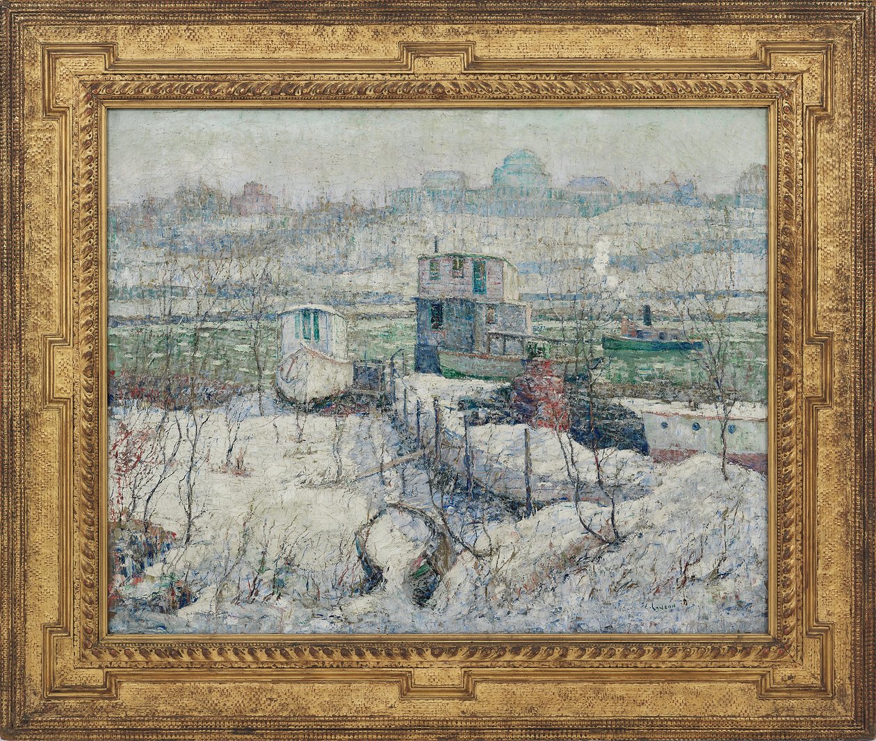 Bådehus, Winter, Harlem River, ca. 1916 af Ernest Lawson
