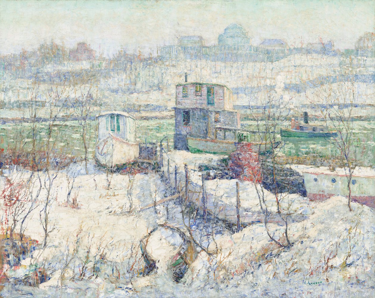 Bådehus, Winter, Harlem River, ca. 1916. af Ernest Lawson