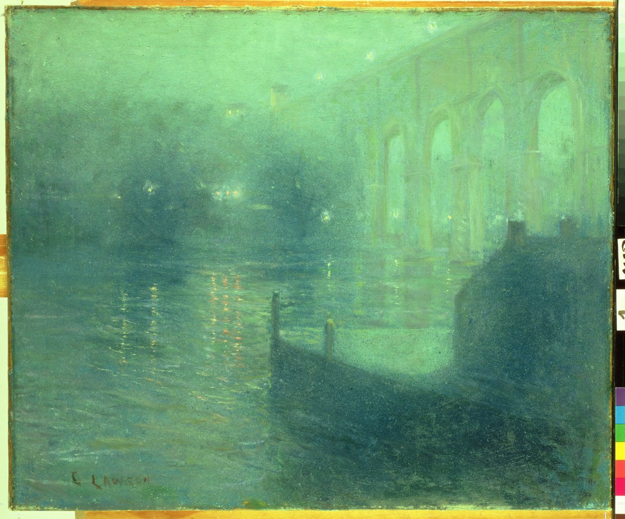 Harlem River at Night, Blue Reflection (olie på lærred) af Ernest Lawson