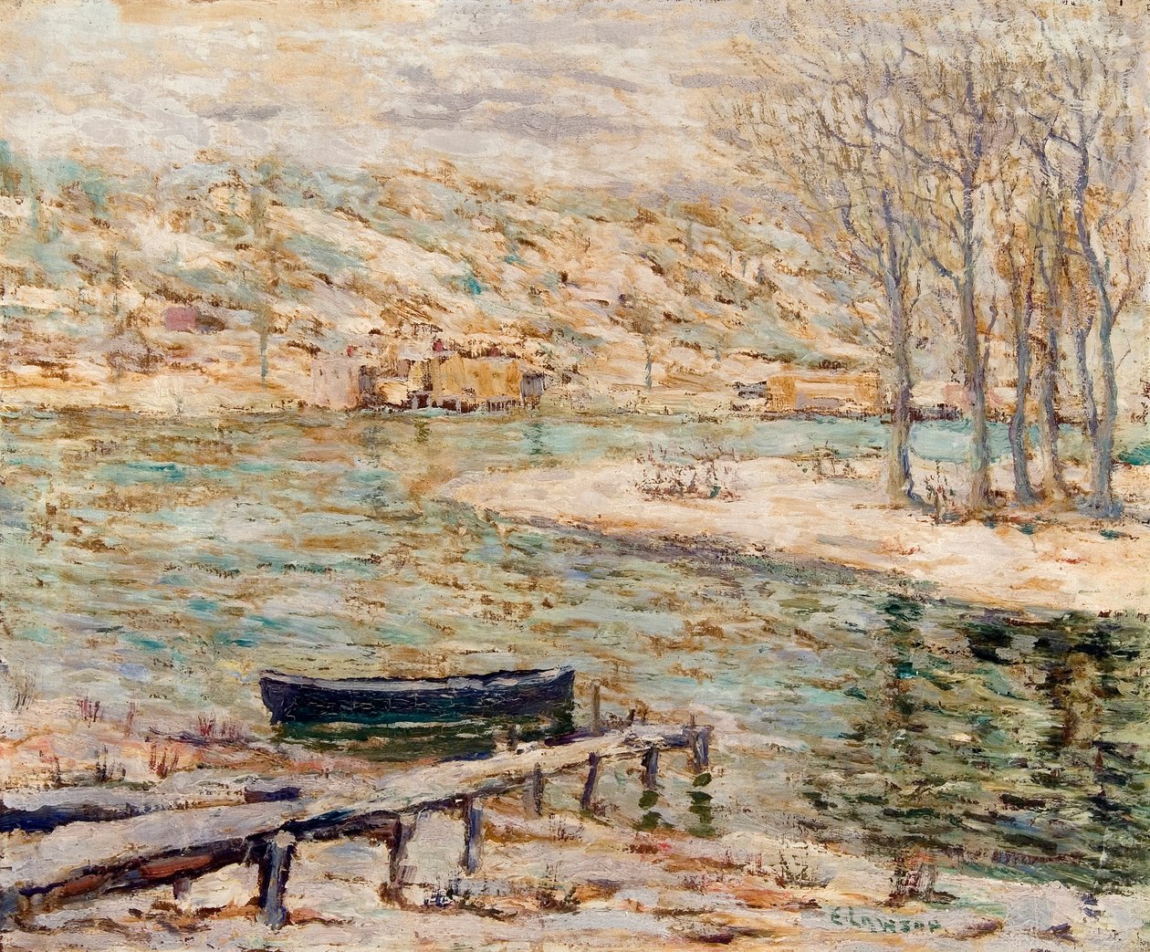 Flodscene – Båd og træer af Ernest Lawson