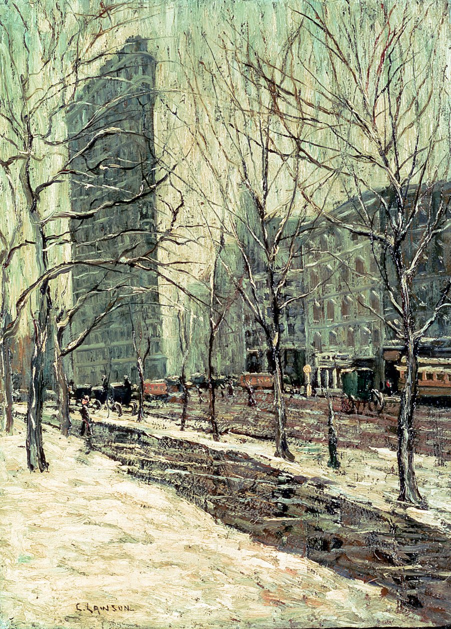 The Flatiron Building, New York, ca. 1903-05 (olie om bord) af Ernest Lawson