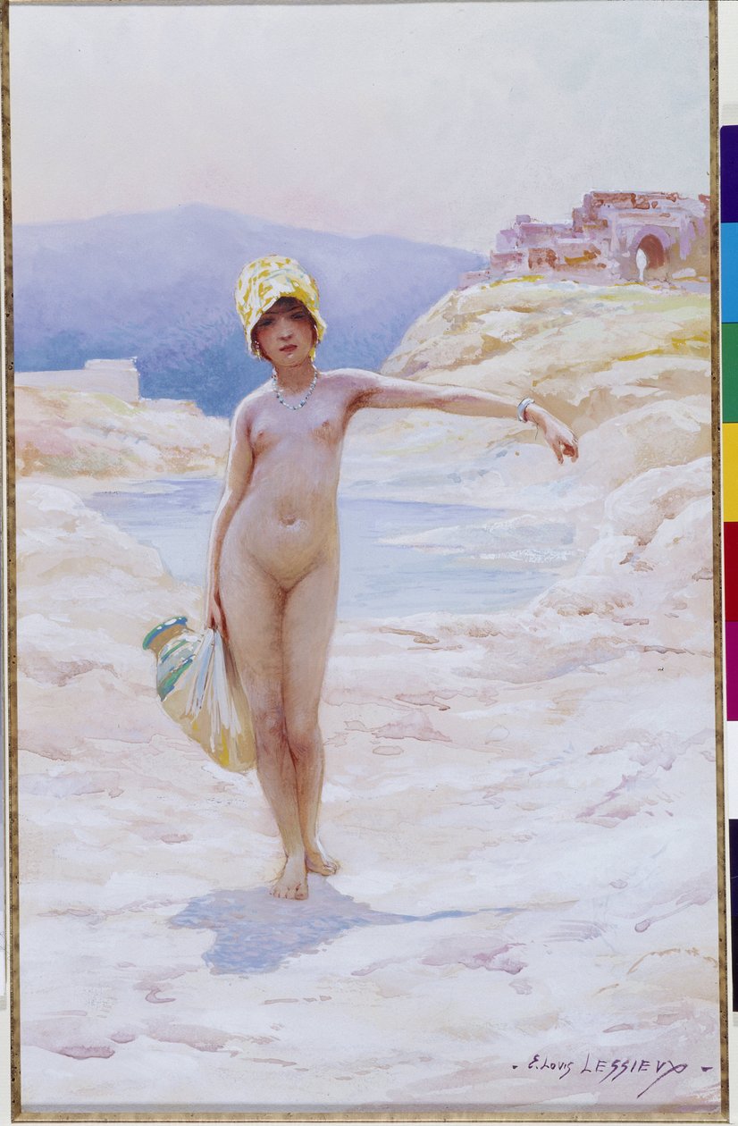 Algerisk pige har kanden En nøgen pige iført en hat iført en kande med vand nær en vandkilde i en oase i ørkenen. Akvarel af Louis Ernest Lessieux (1874-1925) Obligatorisk omtale: Collection fondation regards de Provence, Marseille af Ernest Louis Lessieux