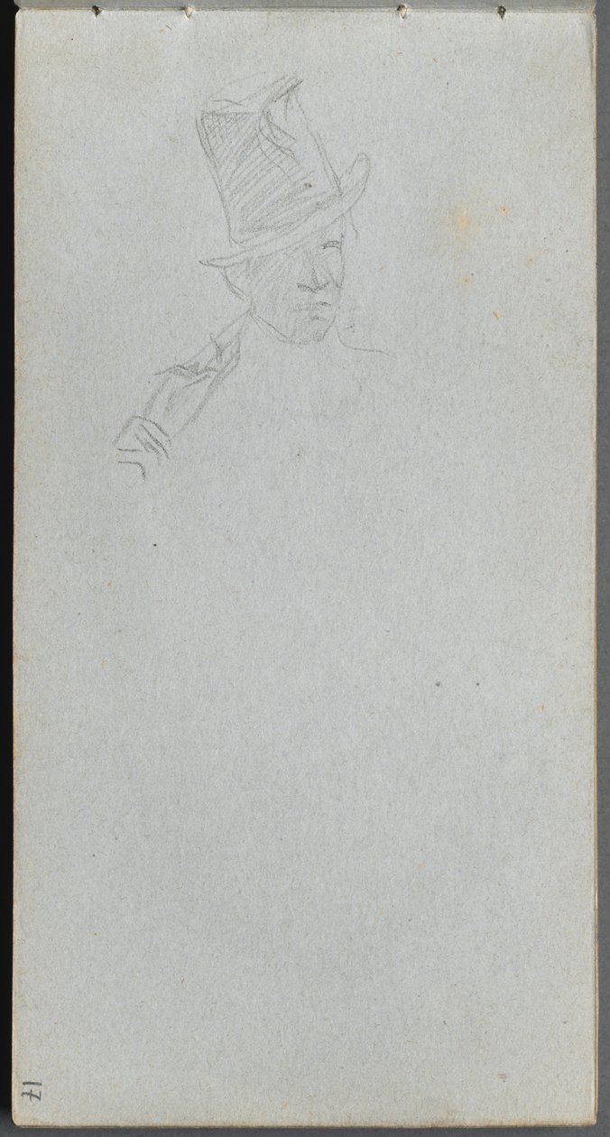 Skitsebog, side 17: Buste af en mand med høj hat. af Jean Louis Ernest Meissonier