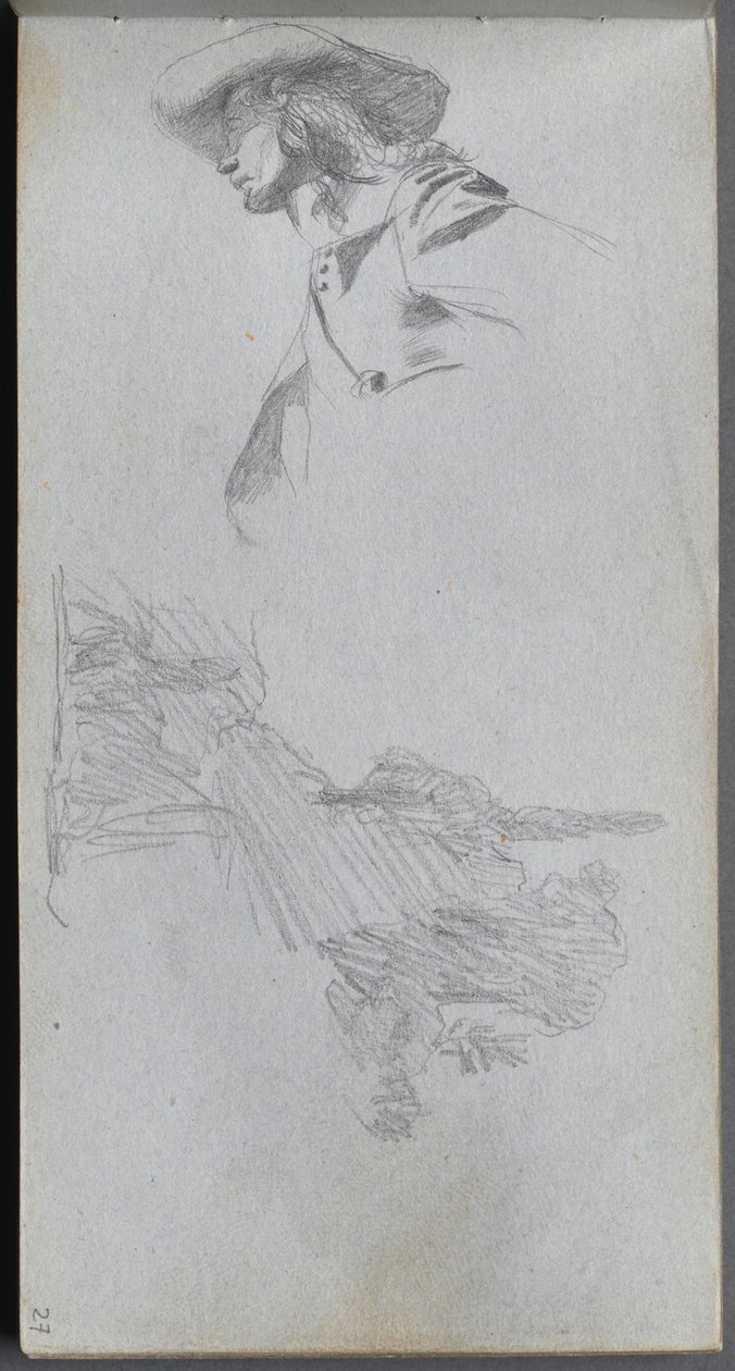 Skitsebog, side 27: Detailundersøgelse for "På en terrasse" og landskabsundersøgelse af Ernest Meissonier