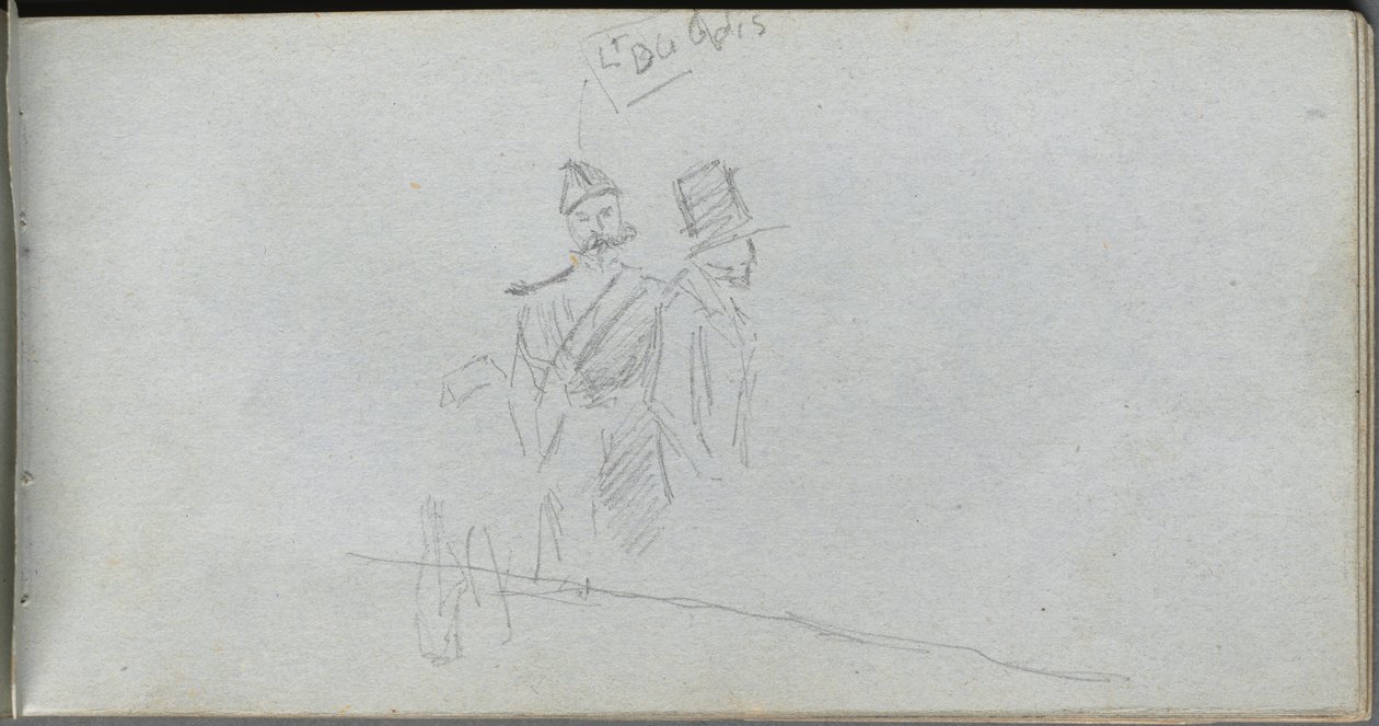 Skitsebog, side 38: Studie af en soldat og skikkelse i høj hat af Ernest Meissonier