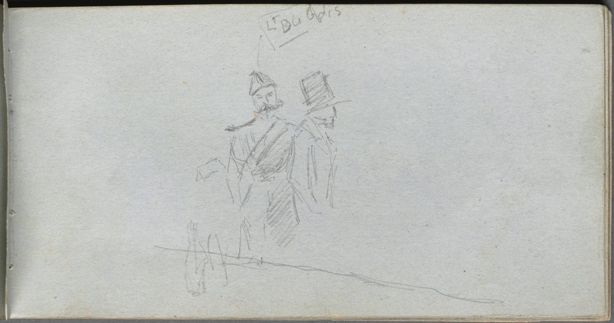 Skitsebog, side 38: Studie af en soldat og skikkelse i høj hat. af Jean Louis Ernest Meissonier