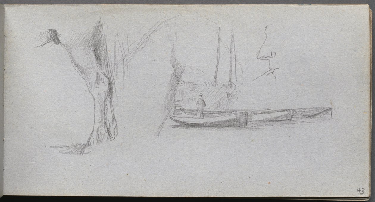 Skitsebog, side 43: Studier: Hesteben, figur i en båd og profil af Ernest Meissonier