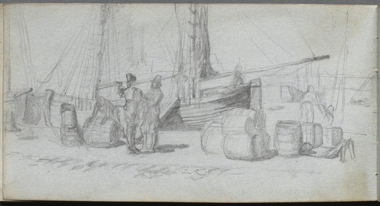 Skitsebog, side 50: Både, figurer, last på en strand af Ernest Meissonier