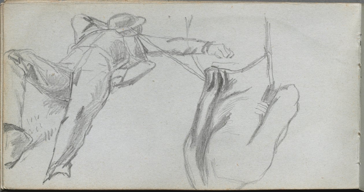 Skitsebog, side 58: Liggende figur og figur bagfra. af Jean Louis Ernest Meissonier