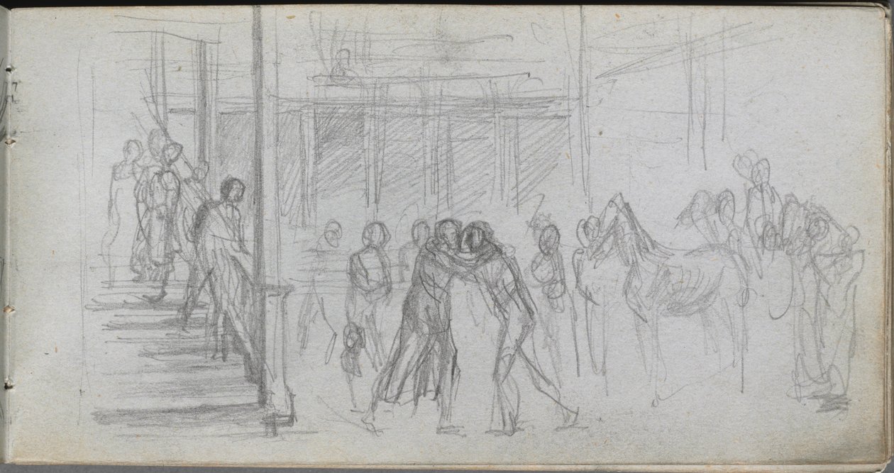 Skitsebog, side 62: Figurstudie, Trappe, Hest. af Jean Louis Ernest Meissonier