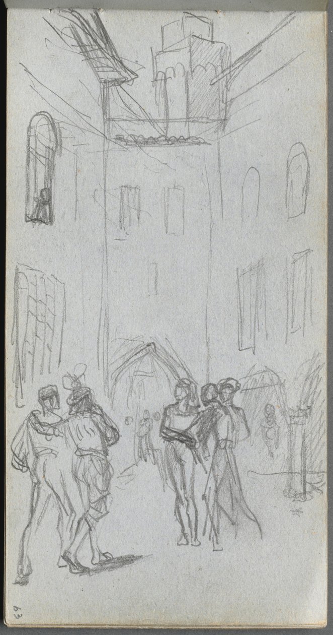 Skitsebog, side 63: Figurer i en gårdhave af Ernest Meissonier