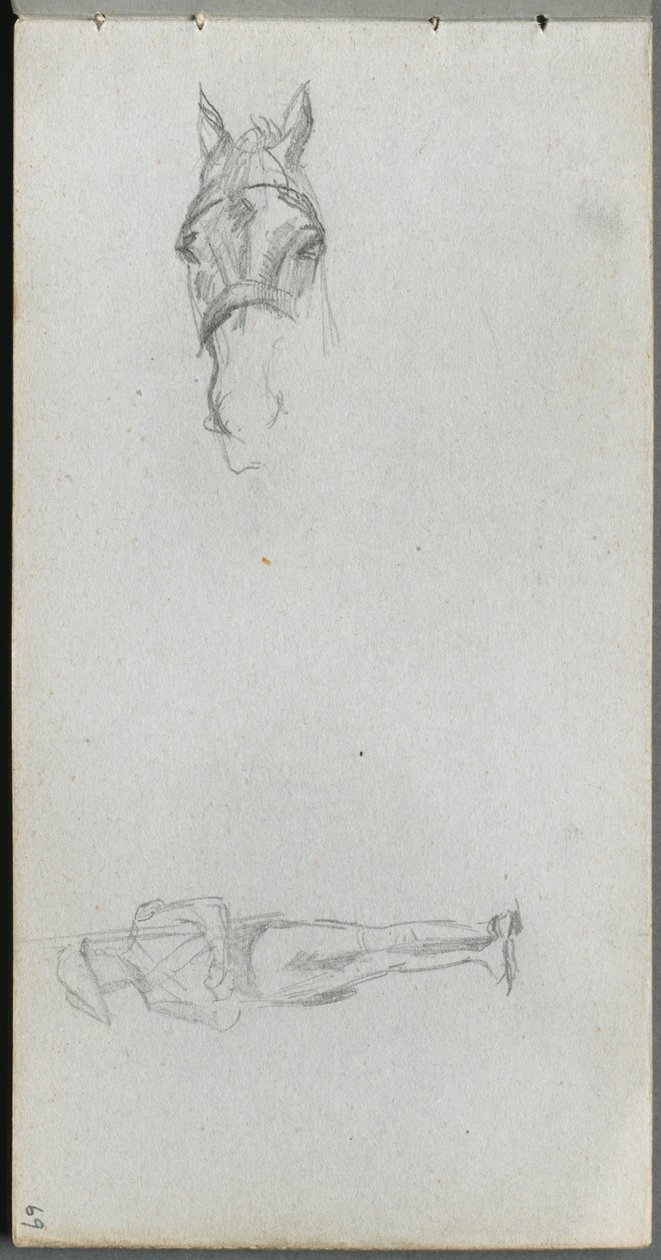 Skitsebog, side 69: Studie af en hånd, en hest og en figur. af Jean Louis Ernest Meissonier