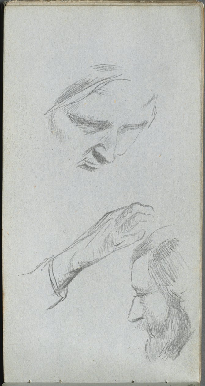 Skitsebog, side 70: Studie af to ansigter og en hånd. af Jean Louis Ernest Meissonier