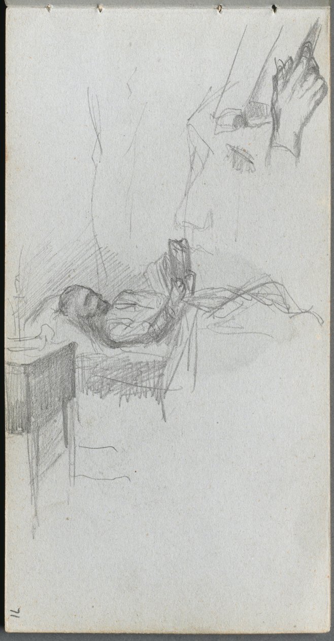 Skitsebog, side 71: Studie af en figur, der læser i sengen, undersøgelse af en hånd. af Jean Louis Ernest Meissonier