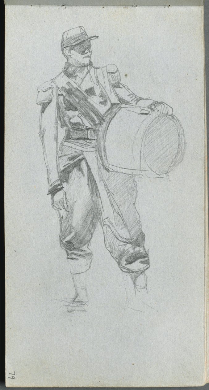 Skitsebog, side 79: Soldat med tromme. af Jean Louis Ernest Meissonier